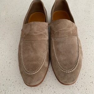 John Lobb Men Tan Suede Penny Loafers Contrast Stitch Almond Toe Made in Italy 9
